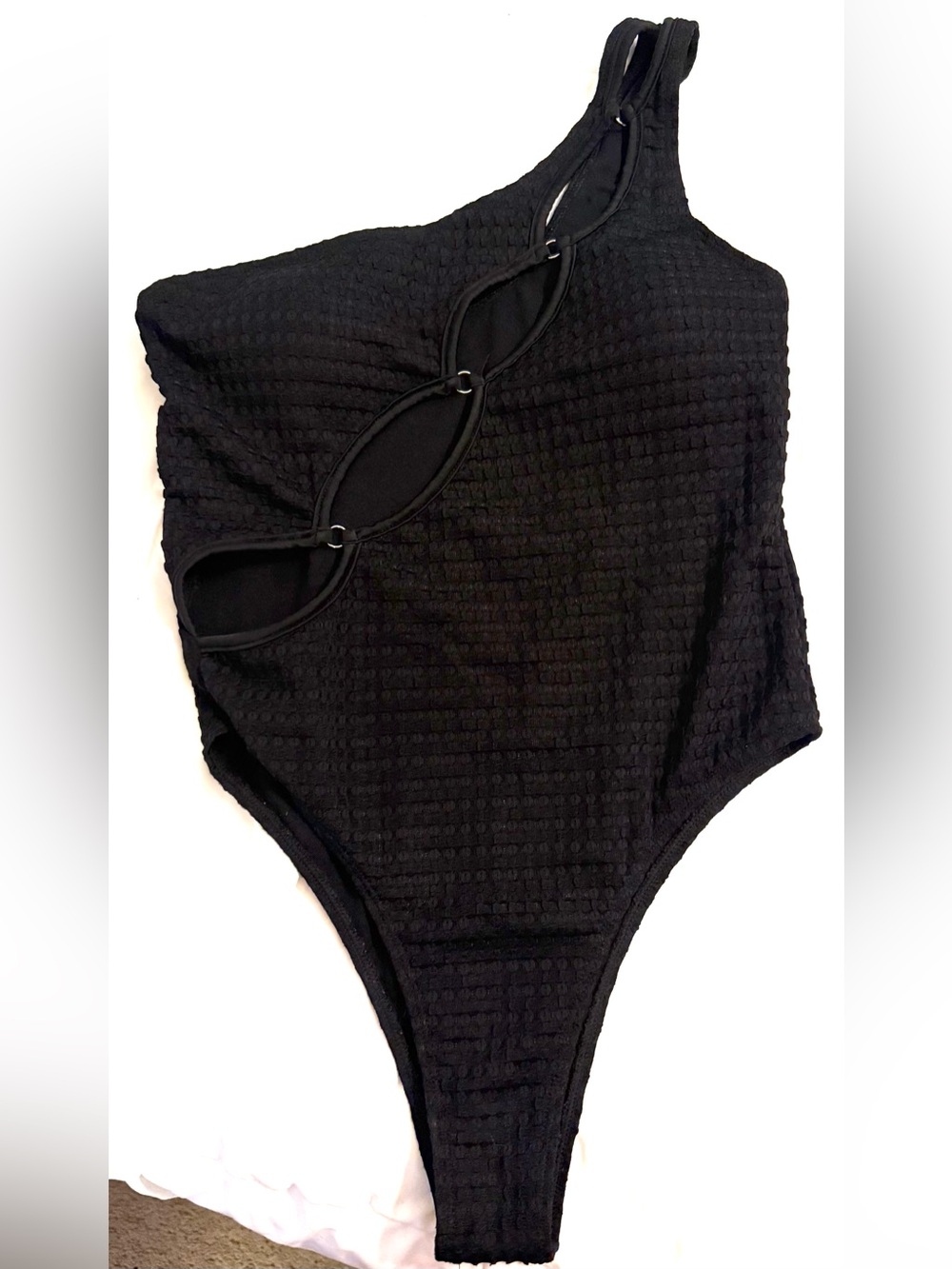 One-Shoulder Black Textured Cutout Swimsuit